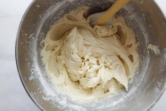finished cookie batter mixed in mixer bowl
