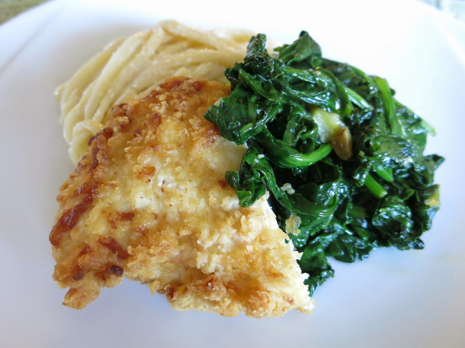 pieces of m Trader Joe's Chicken Piccata + Garlic Spinach + Fettuccine