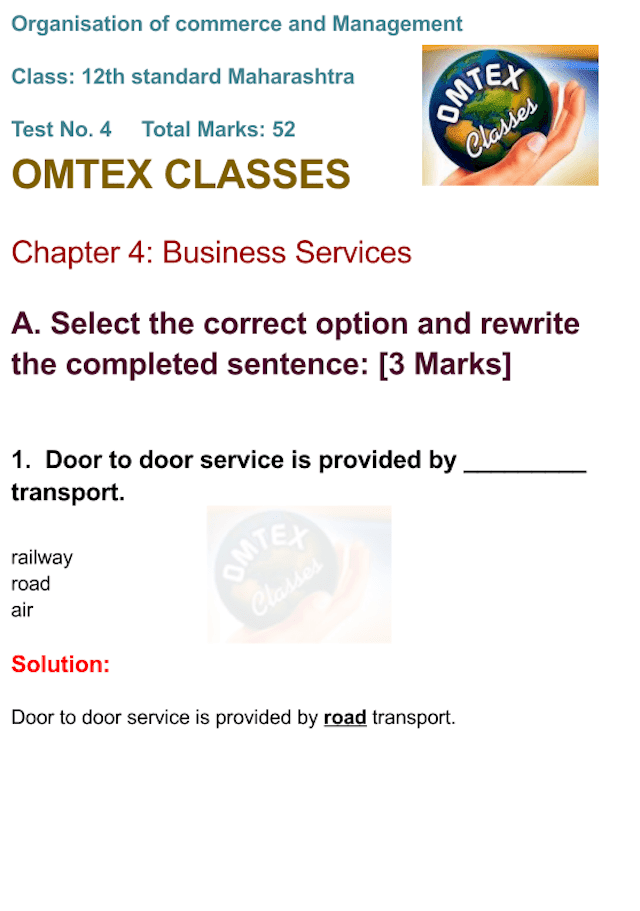 OCM Test No. 4. Class: 12th Standard Maharashtra Chapter 4: Business Services