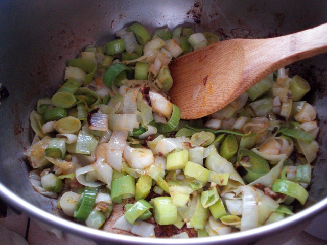 sautéeing leeks, celery and garlic