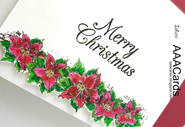 AAA Cards, Stamplorations, Zig clean colour brush pens, water colouring, Digital stamp, Quillish, Christmas card, stamplorations digital stamp, Rows of poinsettia stamplorations