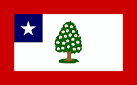 One version of the first flag of Mississippi state, from when it was part of the Confederacy during the US Civil War. Features a blooming magnolia tree over a white background, with a white star on a blue square in the corner and a red border around the whole thing.