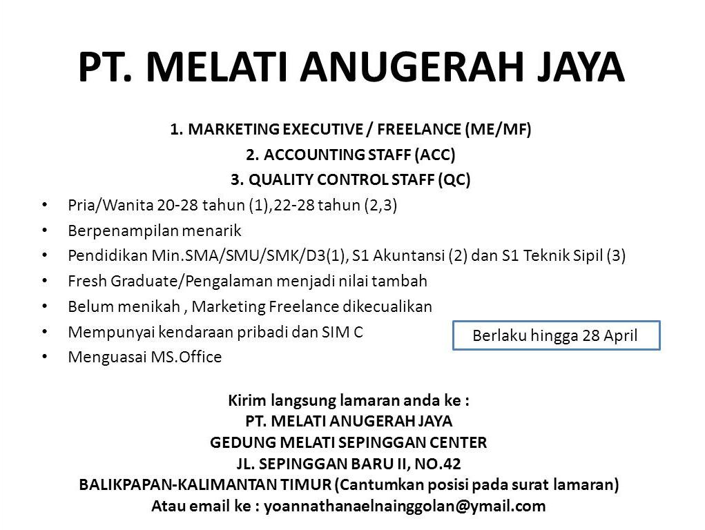 Lowongan Kerja Kota Balikpapan: Lowongan PT. MELATI ANUGERAH JAYA