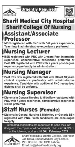 Sharif Medical City Hospital Jobs 2021 - Jobs in Lahore 2021 - Online Apply - hr@sharifmedicalcity.org
