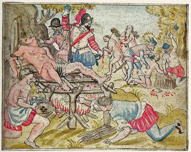 Казни и пытки испанцами островитян на о. Эспаньола Иллюстрация из книги Бартоломьо де Лас Касаса, французское издания XVI века.