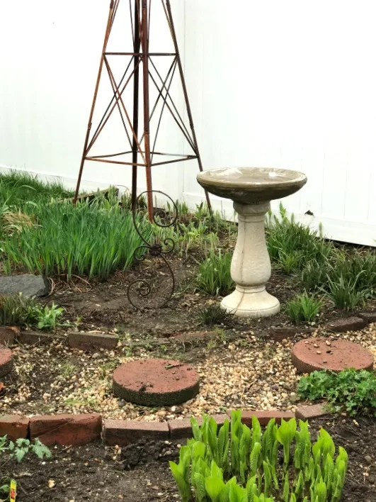 metal windmill and birdbath