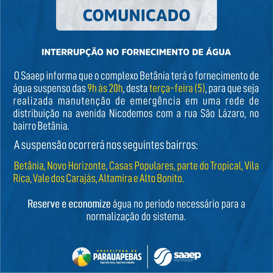 Saaep alerta para interrupção no fornecimento de água no complexo Betânia para realização de manutenção de emergência* https://www.portalpebao.com.br/2021/10/saaep-alerta-para-interrupcao-no.html?m=1