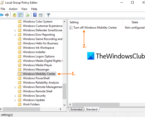 truy cập thư mục Windows Mobility Center