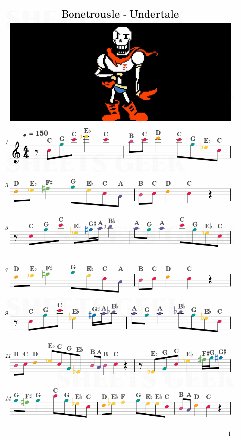 Bonetrousle - Undertale Easy Sheets Music Free for piano, keyboard, flute, violin, sax, celllo 1