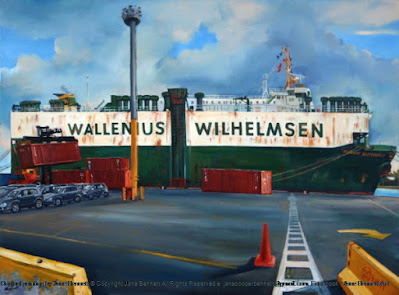 oil painting of  cranes and Wallenius Wilhelmsen ship 'Madame Butterfly'  at the Hungry Mile, now Barangaroo by industrial heritage artist Jane Bennett