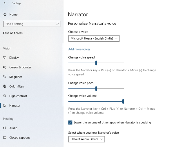 Personalizar la configuración de los narradores