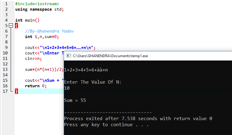 C++ Program To Find Sum Of The Following Series 1+2+3+4+5+6 . . . . . n