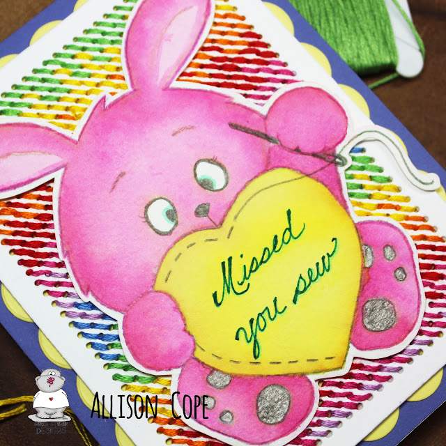 Missed You Sew Card by Allison Cope featuring the digi stamp "Love You Sew Much Bunny" by Gerda Steiner Designs. Watercolor with Distress Inks.