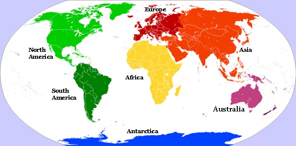 map of the world with seven continents labeled