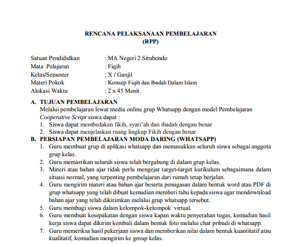 RPP Daring Konsep Fiqih dan Ibadah dalam Islam (Kelas 10 MA)