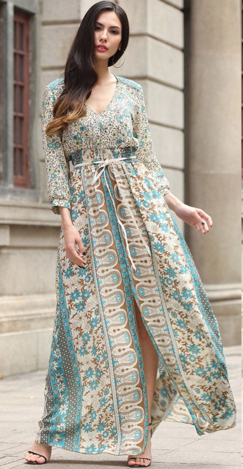 Womail New Vintage Long Sleeve Dress Beach Vintage Maxi Dresses Boho Casual V Neck Belt Lace Up Tunic Draped Plus Size