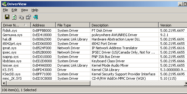 DriverView 목록 드라이버 Windows 10 Nirsoft