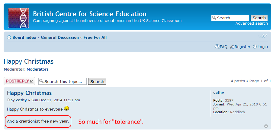 The mis-named "British Centre for Science Education" forum has little science, but many logical fallacies and ridicule of biblical creationists.