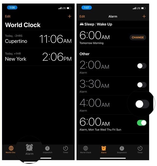 How do i set, edit and turn on or off alarms and others setting on