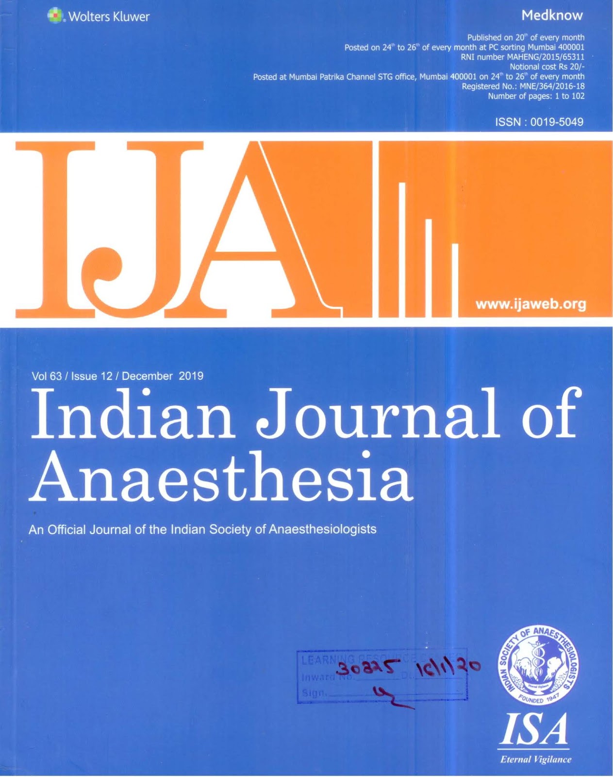 http://www.ijaweb.org/showBackIssue.asp?issn=0019-5049;year=2019;volume=63;issue=12;month=Dec
