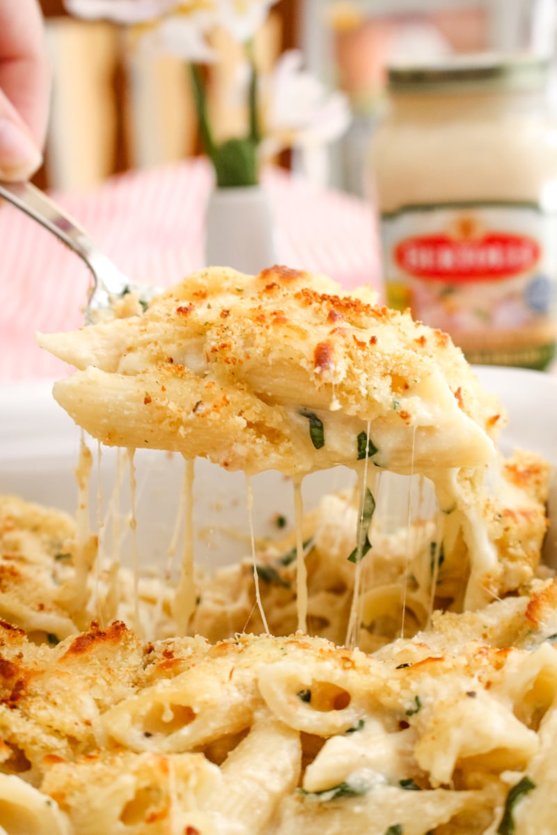 This Oven-Baked Alfredo Pennoni and Cheese made with ricotta cheese and fresh basil leaves is lightened up with a creamy cauliflower Alfredo Sauce. It's the baked alfredo dish you need in your life! #alfredosauce #macaroniandcheese #pasta #ad
