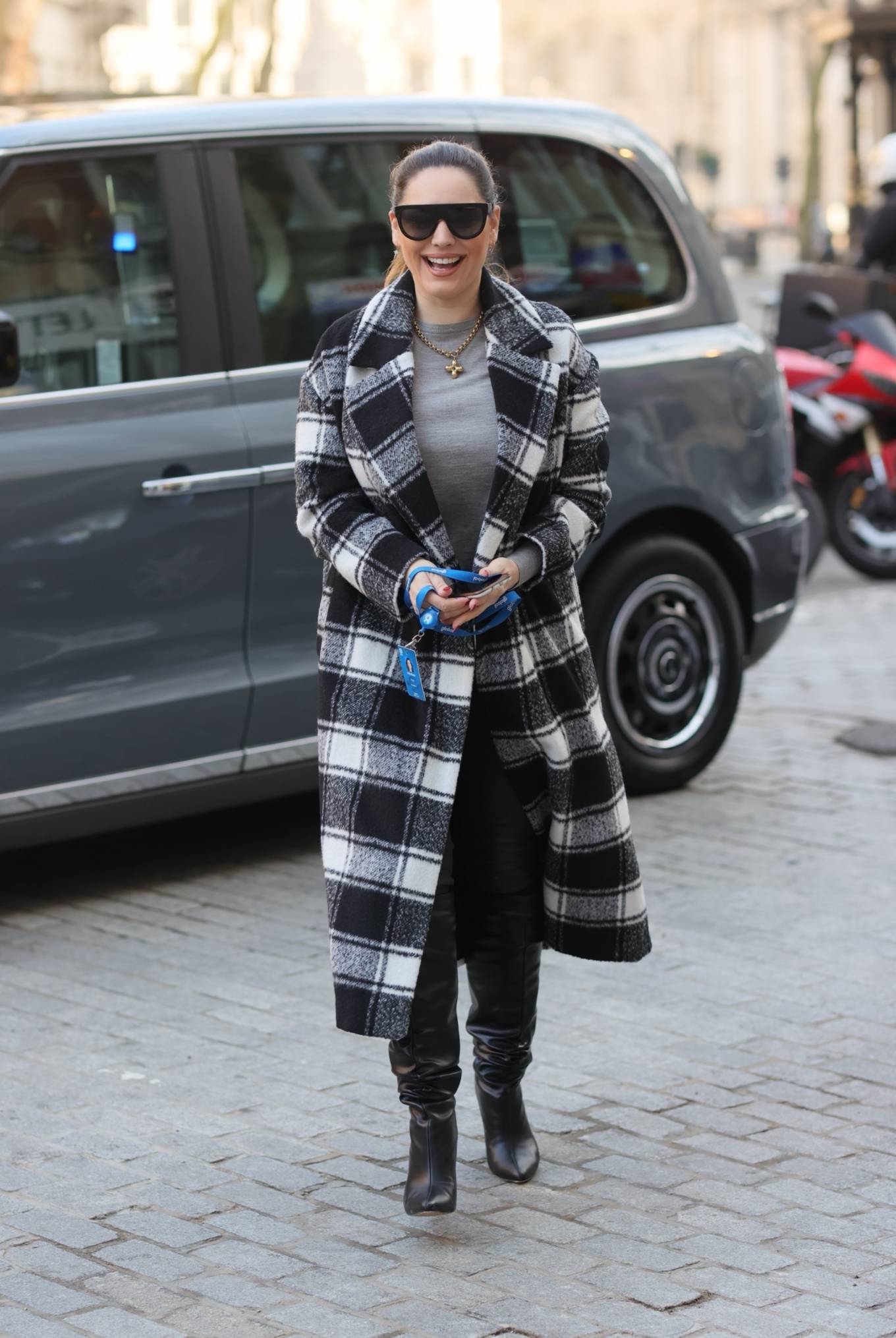 Kelly Brook – In leathers and checkered coat at Heart radio show in ...