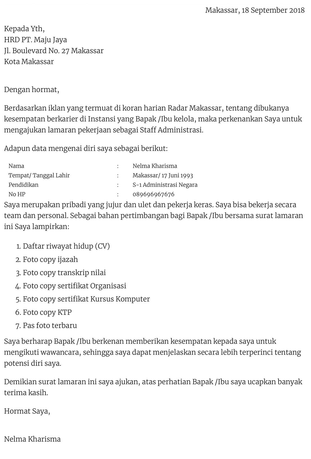 Contoh Surat Lamaran Kerja Lowongan Kerja Kalimantan Tengah