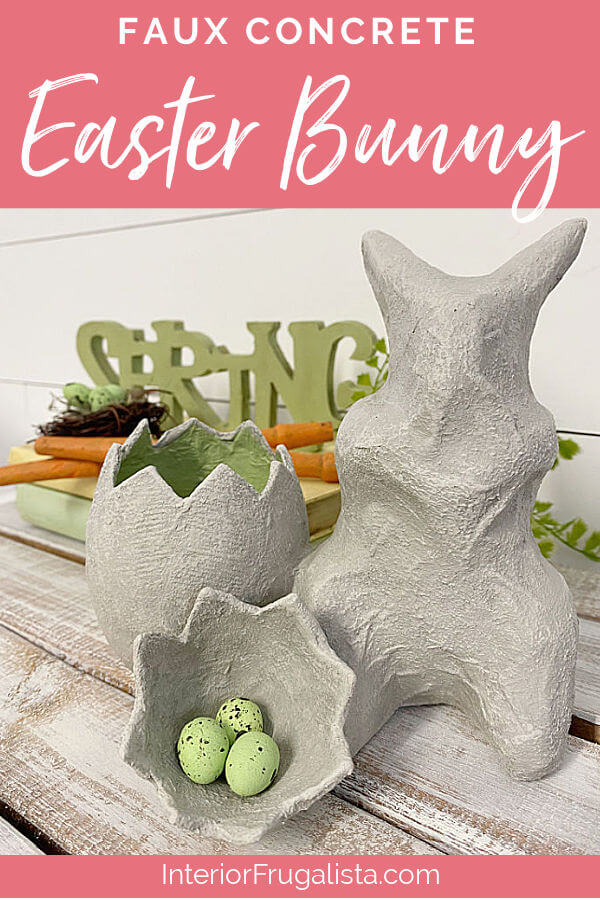 A faux concrete paper mache Easter bunny gets a brand new look. How to refresh dated spring decor inexpensively with hand painted faux cement. #fauxconcretebunny #bunnydecor #cementeasterbunny