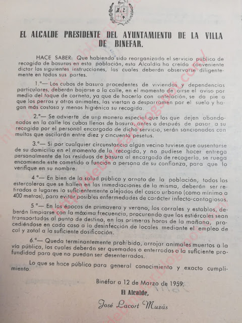 Bando con instrucciones sobre la recogida de basura en Binéfar - 1959