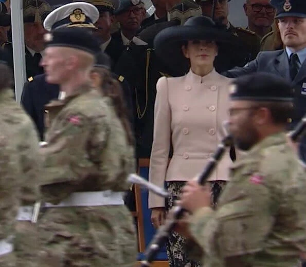 Crown Princess Mary wore Andiata flower print midi skirt, double breasted pink coat, she carried Naledi Copenhagen Allana clutch