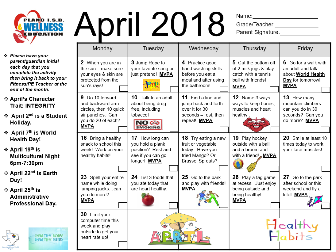 Christie PE April Fitness Calendar