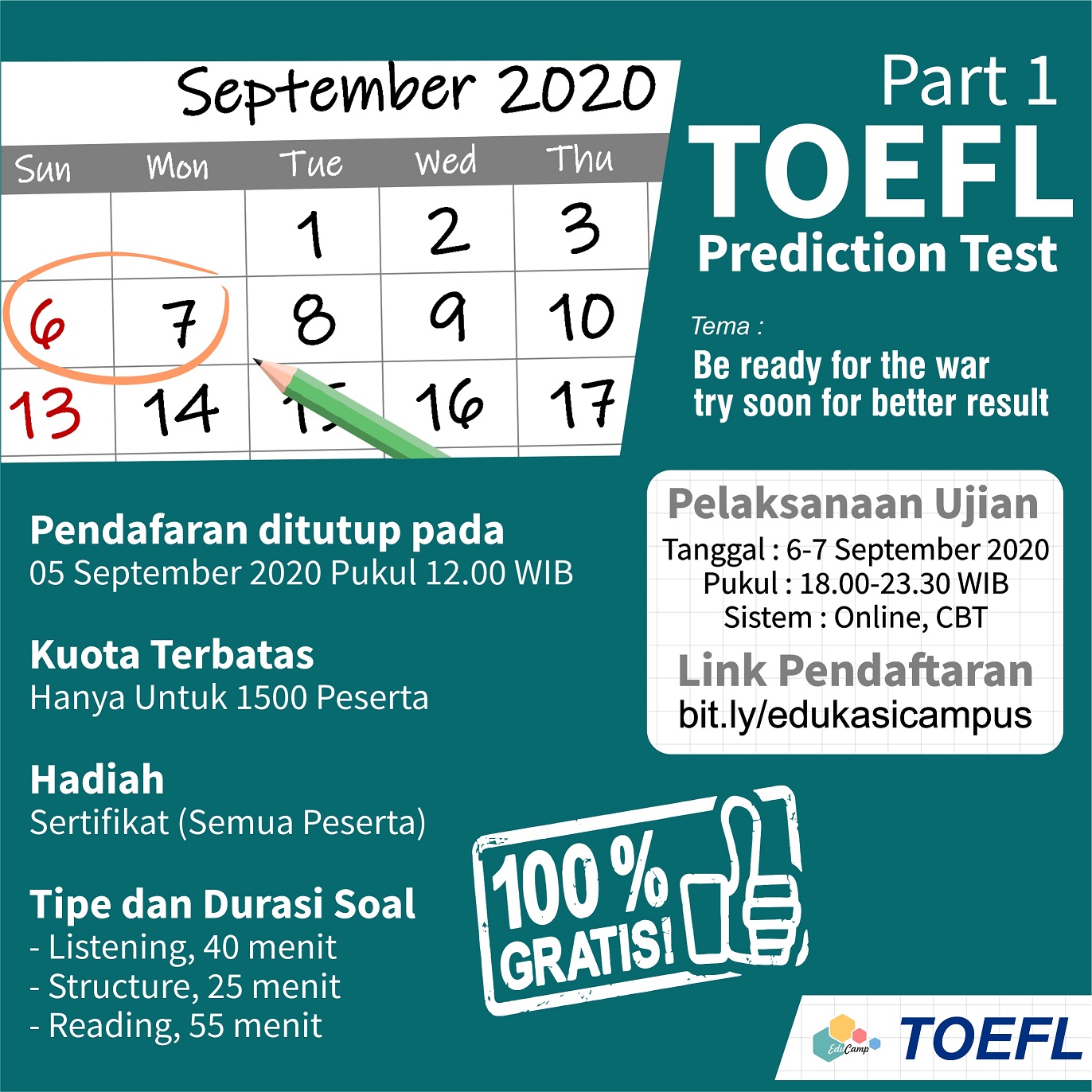 Pengumuman Alokasi Sesi Ujian Serta Pengumuman Hasil Toefl Prediction Test 2020 Part 1 Edu Campus