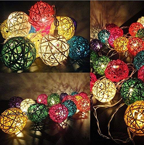 AtneP 20 Balls Home Decoration Light Thai Mixed Color Rattan Ball String Lights Series (LADI) Festival Lamp,(US Socket PIN)(Multi color)
