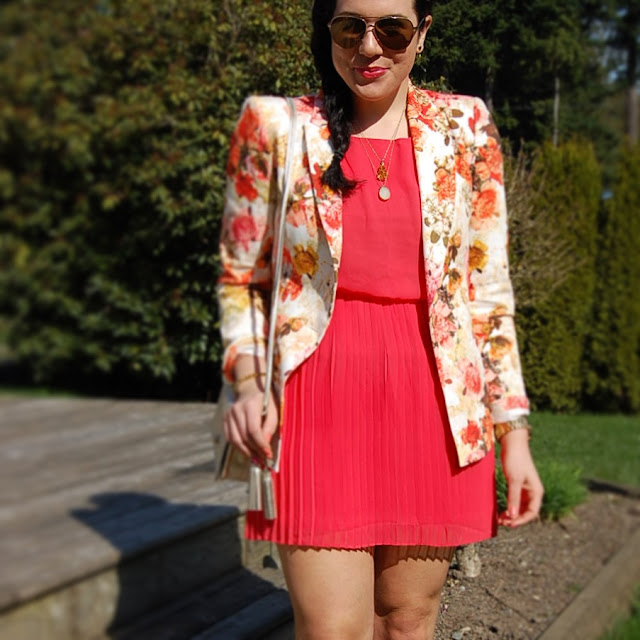 Floral Zara blazer, pleated salmon dress, Sam Edelman Serena sandals and a Coach Legacy bag