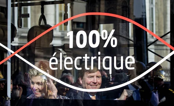 King Willem-Alexander and Queen Maxima of The Netherlands make a ride in an electric bus from Ebusco in Paris