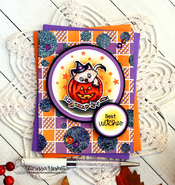 Halloween Kitty Card by Larissa Heskett | Trick or Treat Kittens Stamp Set, Gingham Stencil, Bokeh Stencil Set and Circle Frames Die Set by Newton's Nook Designs #newtonsnook