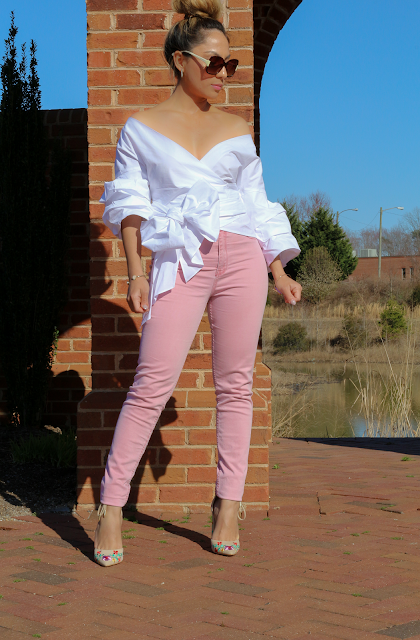 blush pink and off the shoulder white top