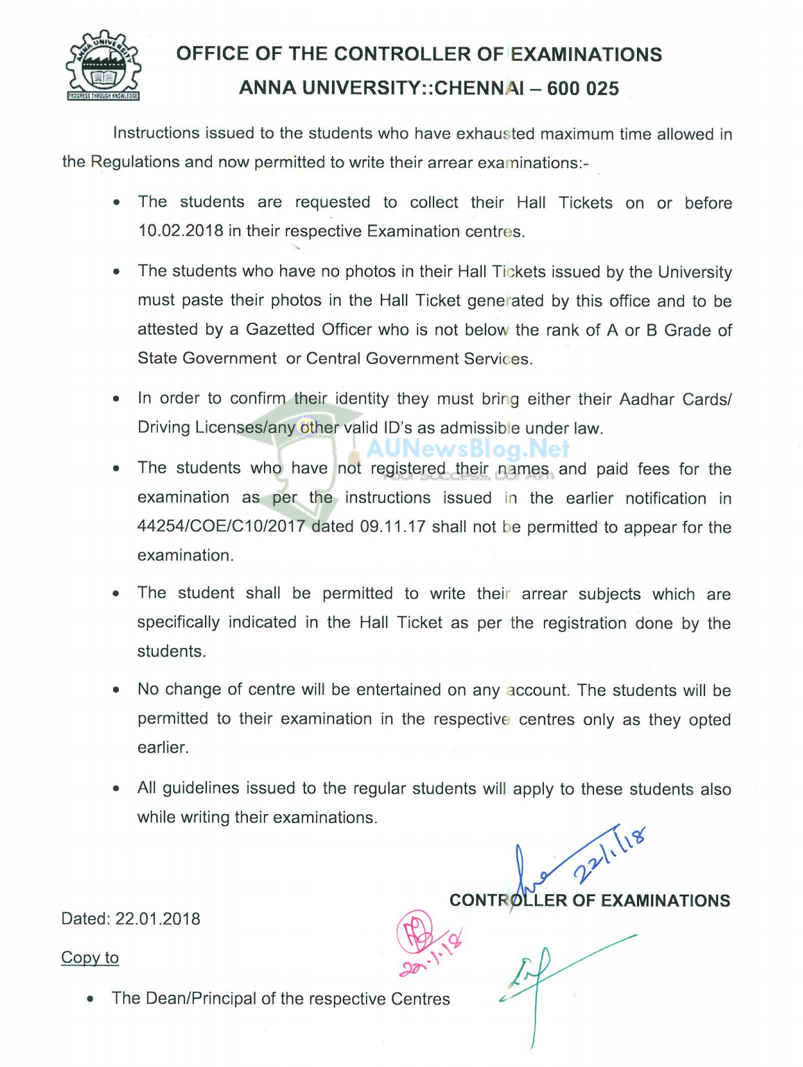 Anna University Hall Ticket Instruction 2018