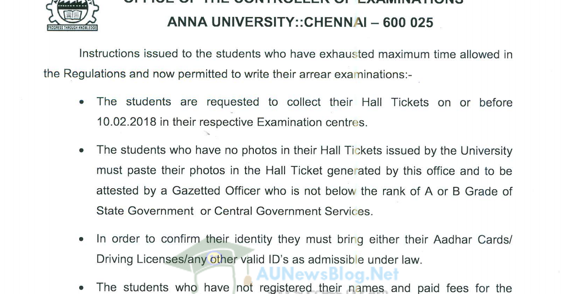 Anna University Hall Ticket Instruction 2018
