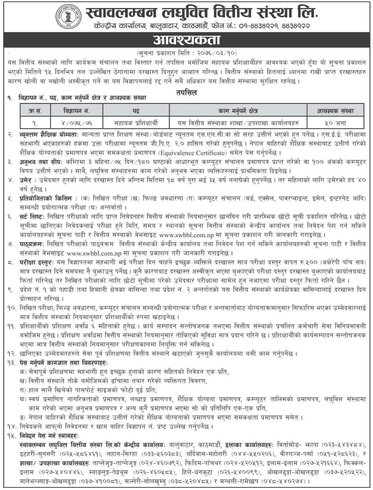 Swabalamban Laghubitta Bittiya Sanstha Ltd. Vacancy Notice for Trainee Assistant