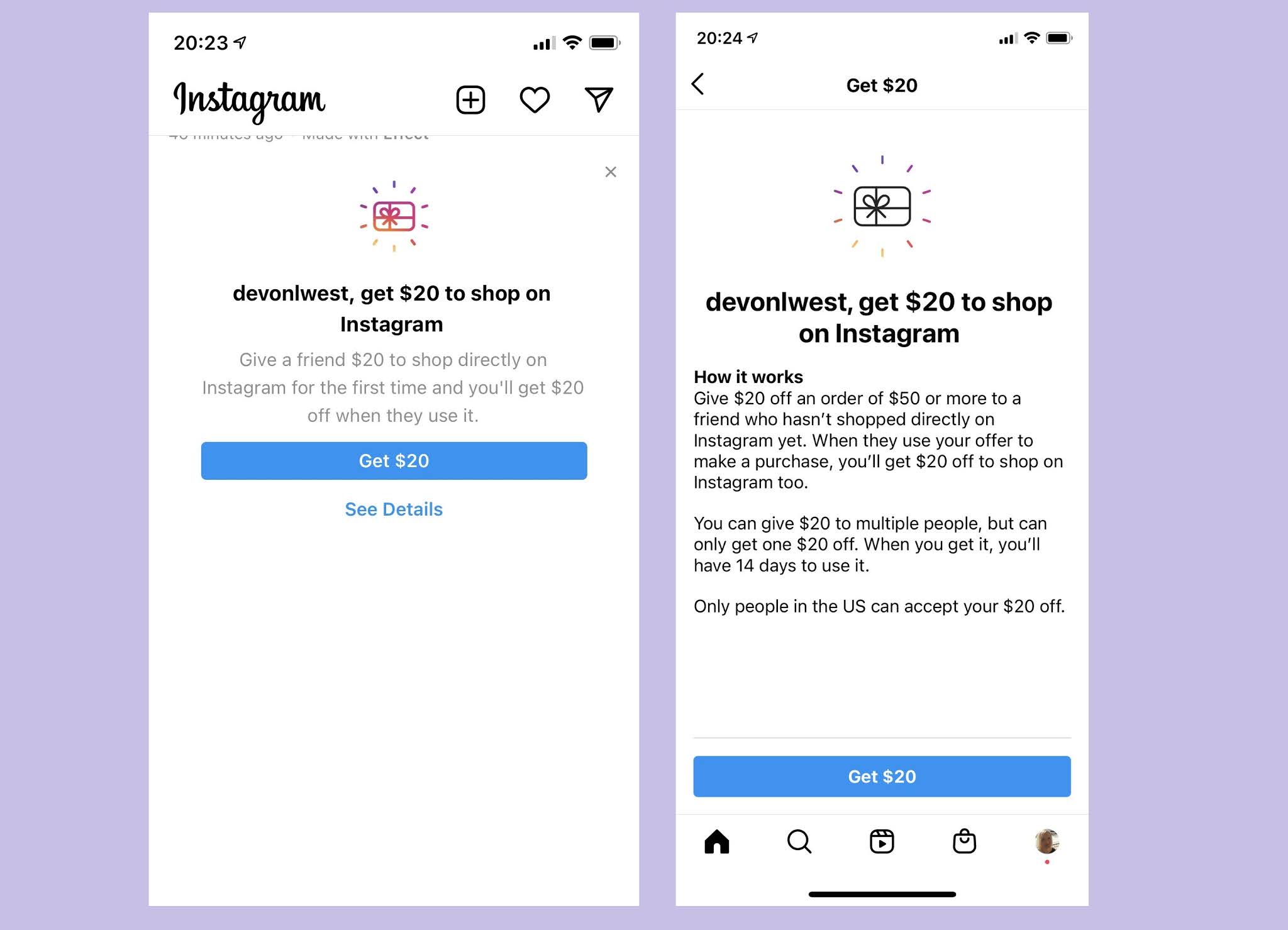 Instagram is offering a 20 discount to some users when they shop on