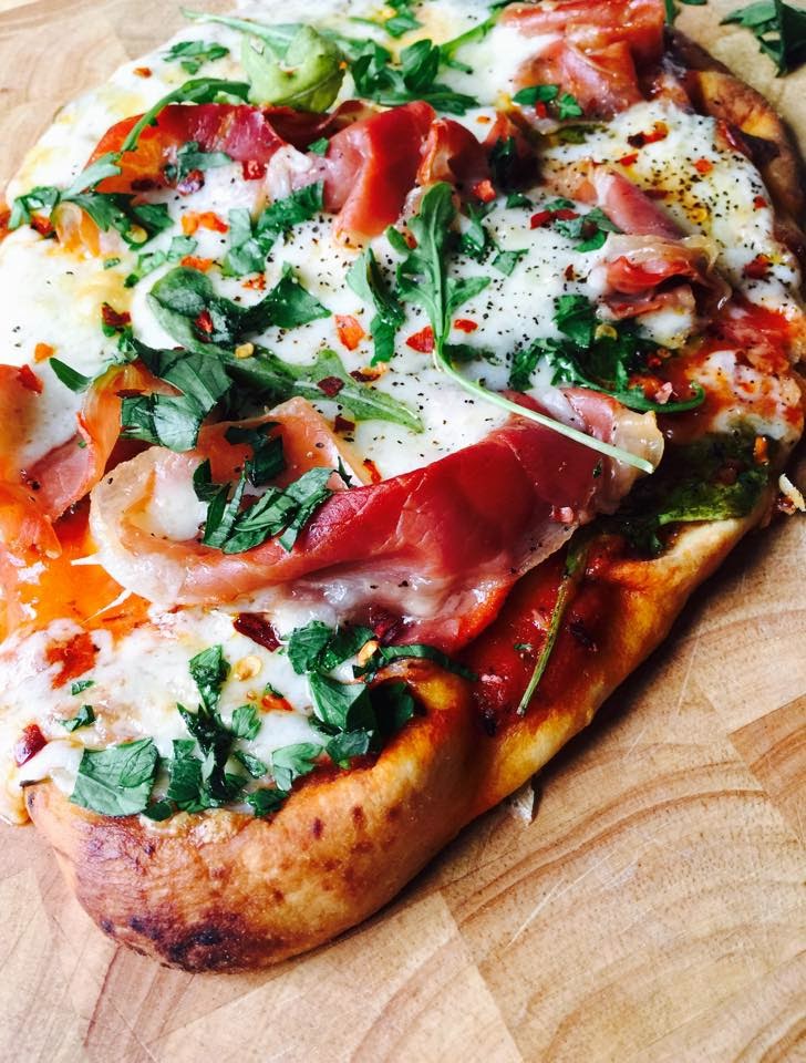 sweet life havarti pizza with spinach, aruglua & prosciutto