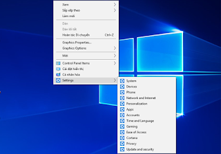 Thêm các chỉ mục settings vào menu chuột phải ngoài desktop