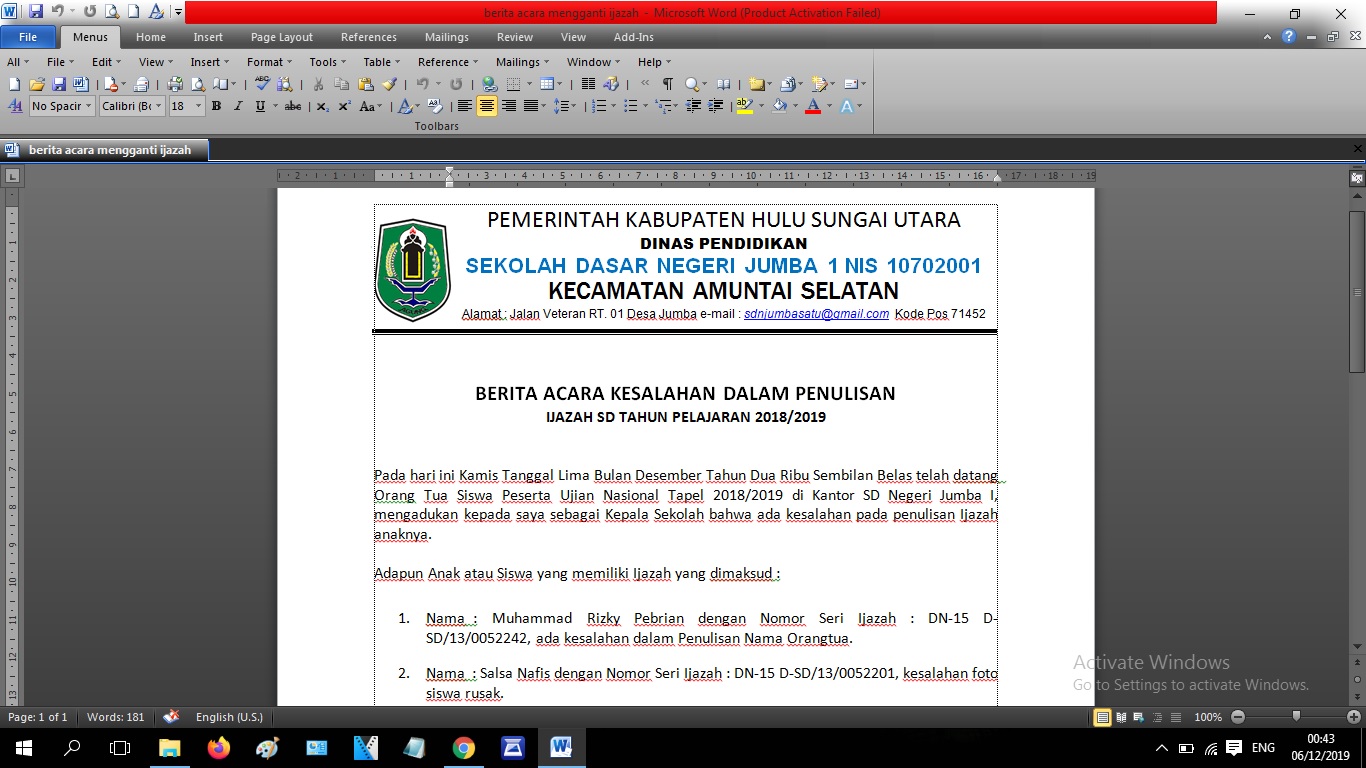 Berita Acara Kesalahan Penulisan Ijazah Fajri Unjun