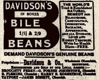 An advert for Davidson’s Bile Beans in the Broughty Ferry Guide and Advertiser - 18 December 1908.  Advert gives various ailments the beans will cure which includes biliousness and appendicitis.