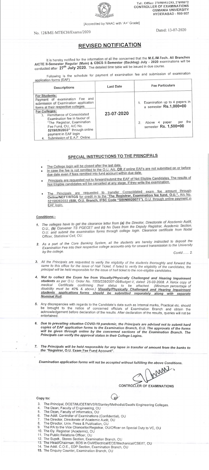 Osmania University M.E & M.Tech All Branches 2nd Sem July 2020 Exam Fee Revised Notification