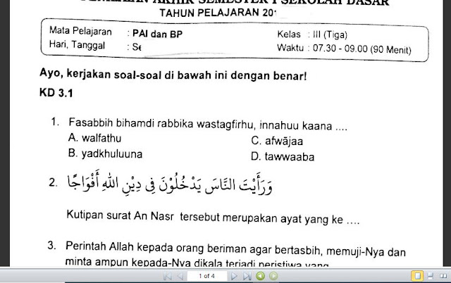 Soal Penilaian Mapel Pai Dan Bp Kelas 3 Semester 1 Sekolahdasar Net