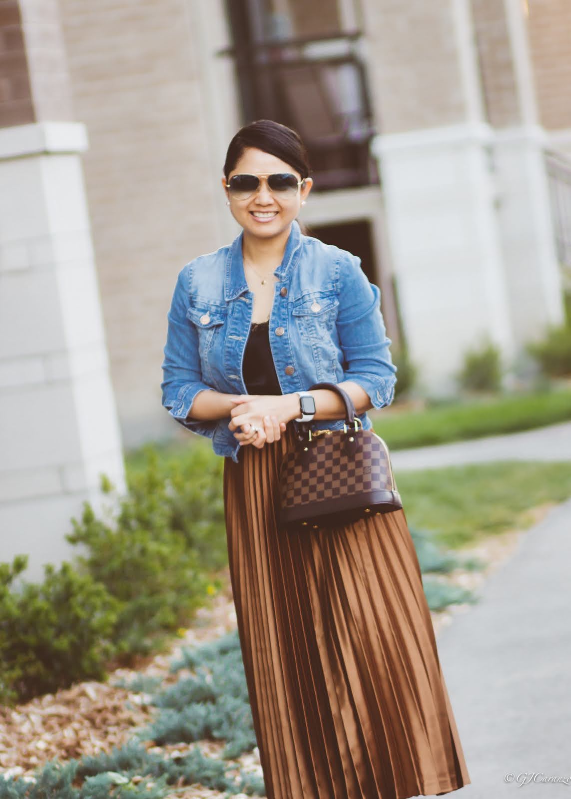 Zara Pleated Skirt | Denim Jacket | Ray-Ban Blue Aviator Sunglasses | Louis Vuitton Alma BB | Vince Camuto Ankle Boots | H&M Satin Camisole Top | Petite Outfit | Mom Style