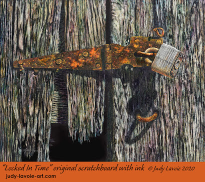 "Locked In Time" original scratchboard © Judy Lavoie 2020
