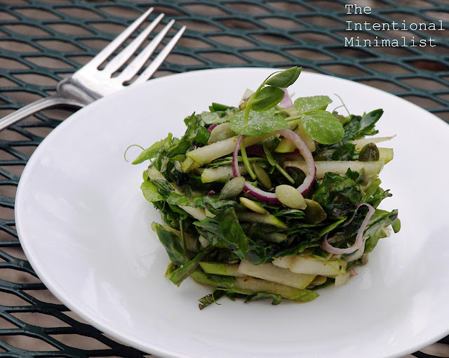 Pea Shoot, Kale and Pear Salad with Verjus Maple Dressing The
